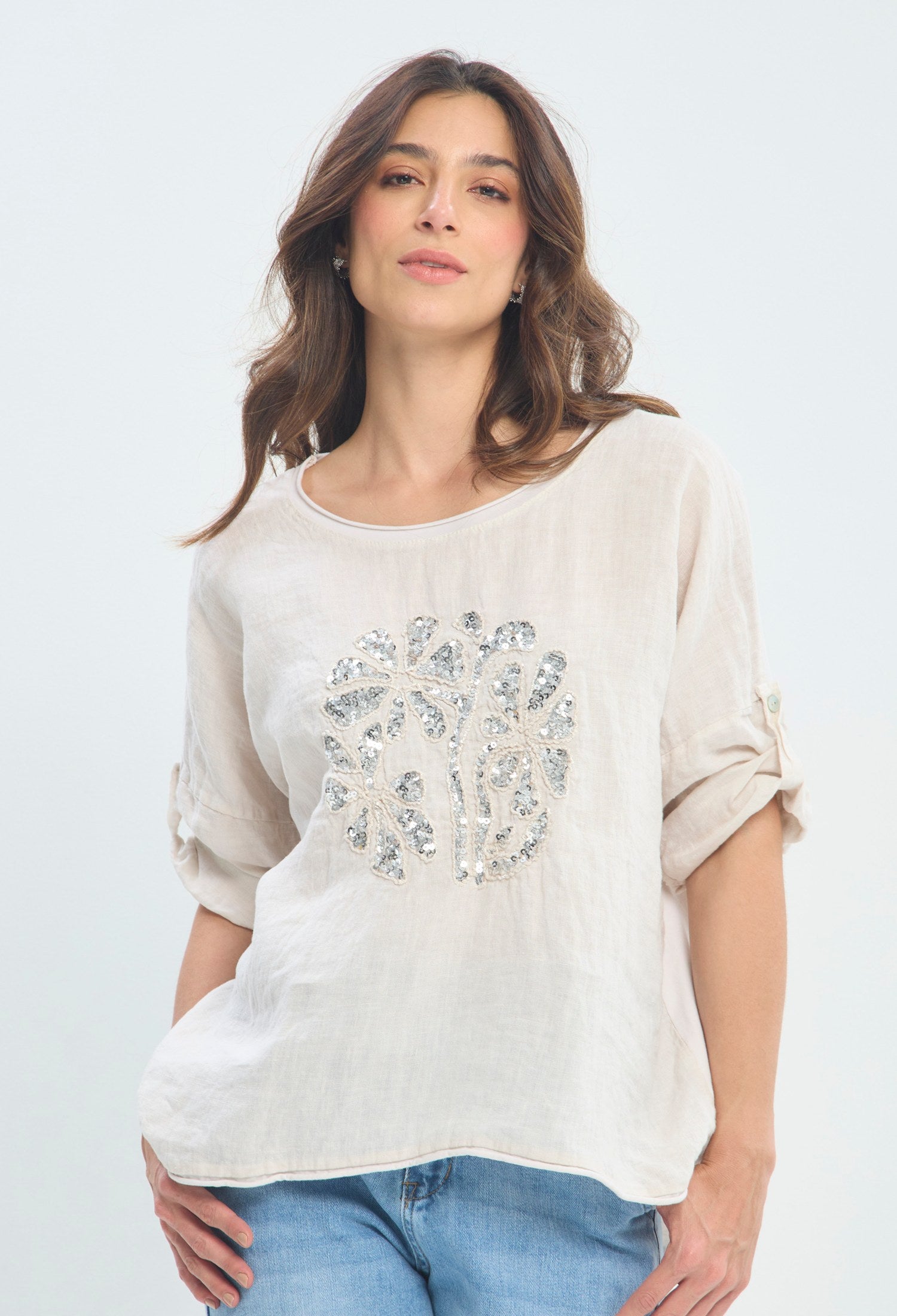 Blusa Lino Bordado Lentejuelas beige arena BYBLA