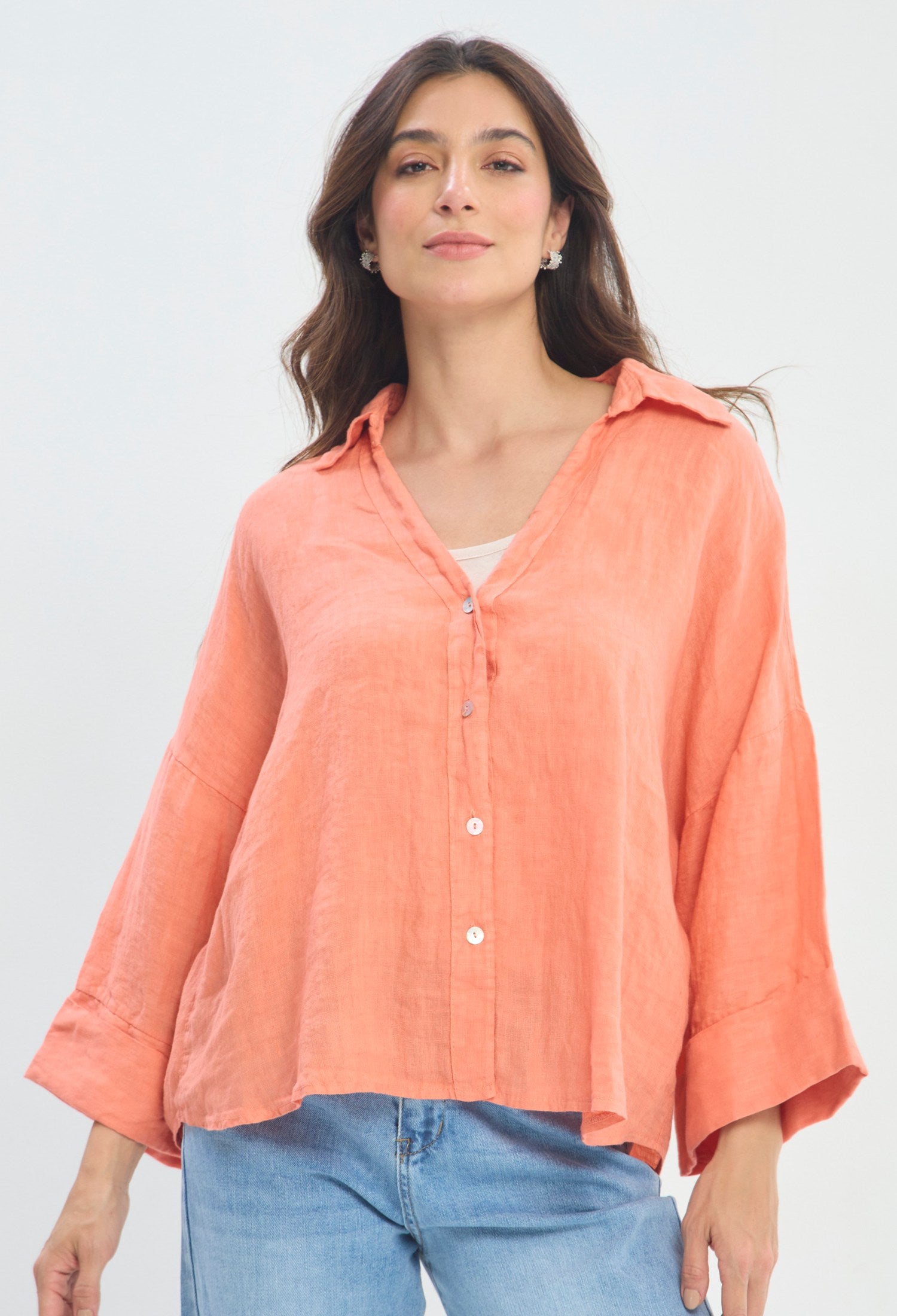 Blusa Lino Manga Amplia rosa coral BYBLA