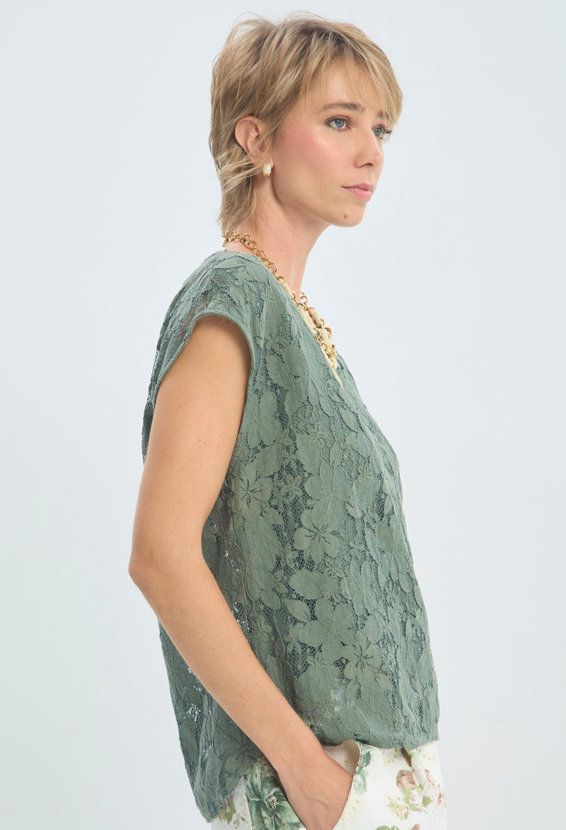 Blusa verde de encaje floral manga corta BYBLA - vista 2