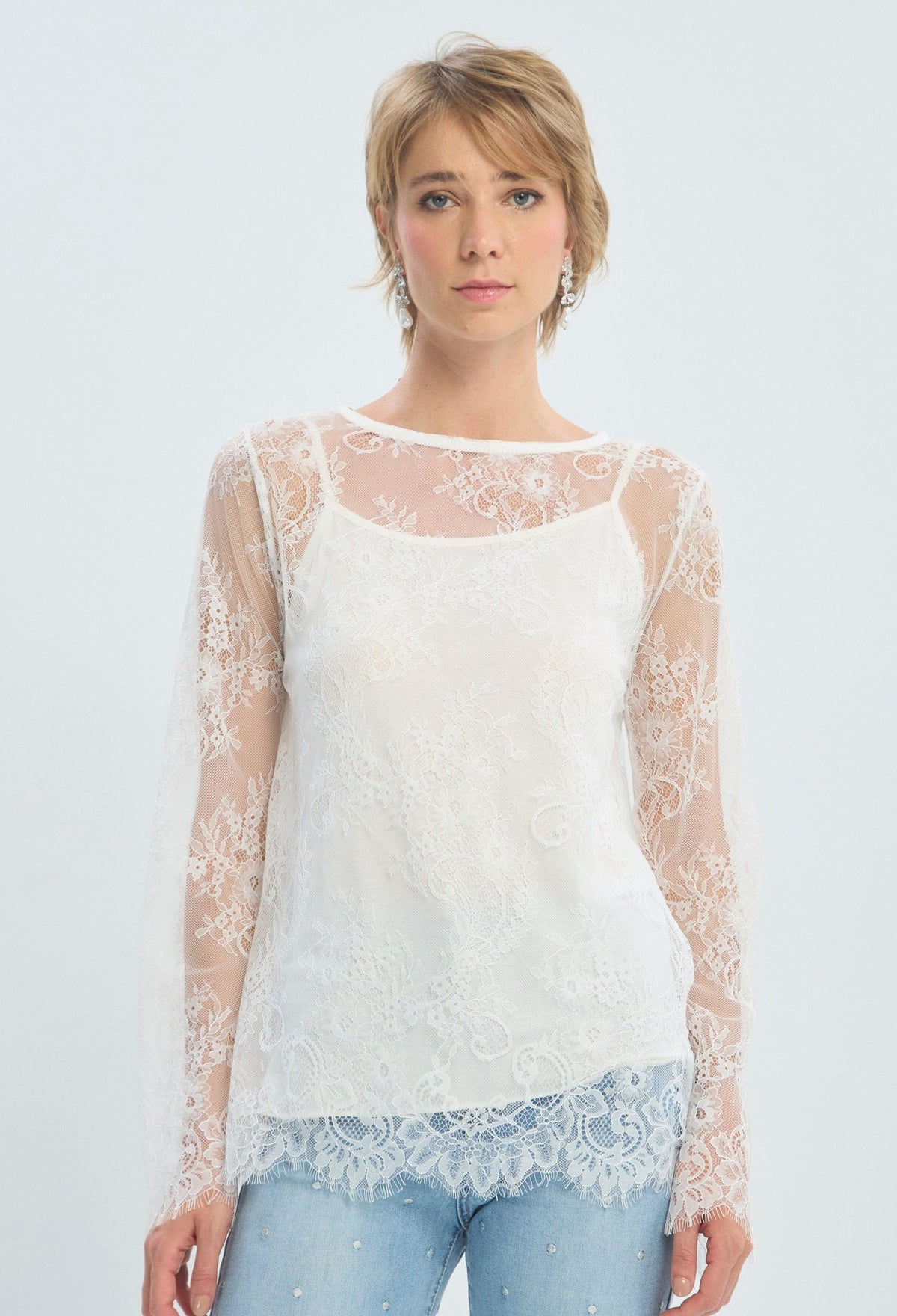 Blusa Manga Larga Encaje Blanco BYBLA