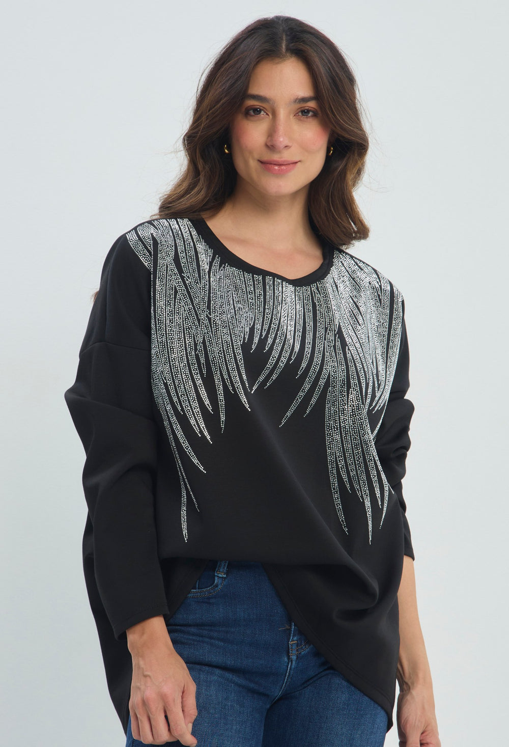 Blusa Manga Larga Pedrería Plumas negro sale BYBLA