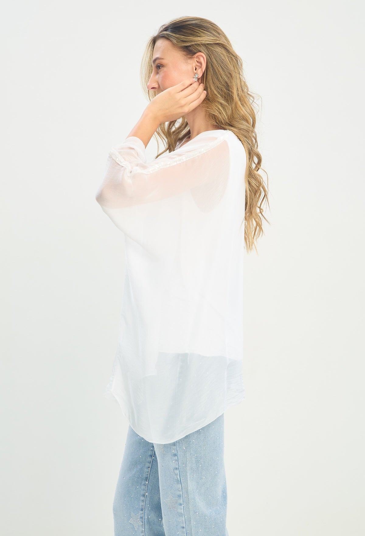 Blusa Poncho Seda Franja de Lentejuelas blanco BYBLA