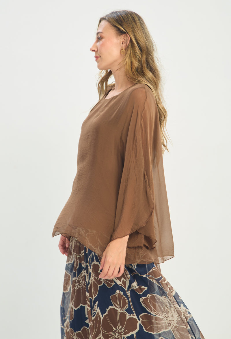 Blusa Seda Capa Transparente café chocolate BYBLA