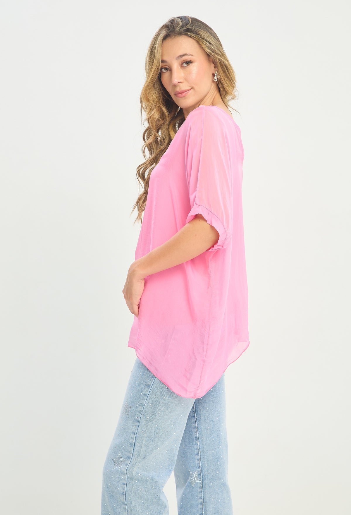 Blusa Seda Cuello V Rosa Chicle BYBLA - vista 5
