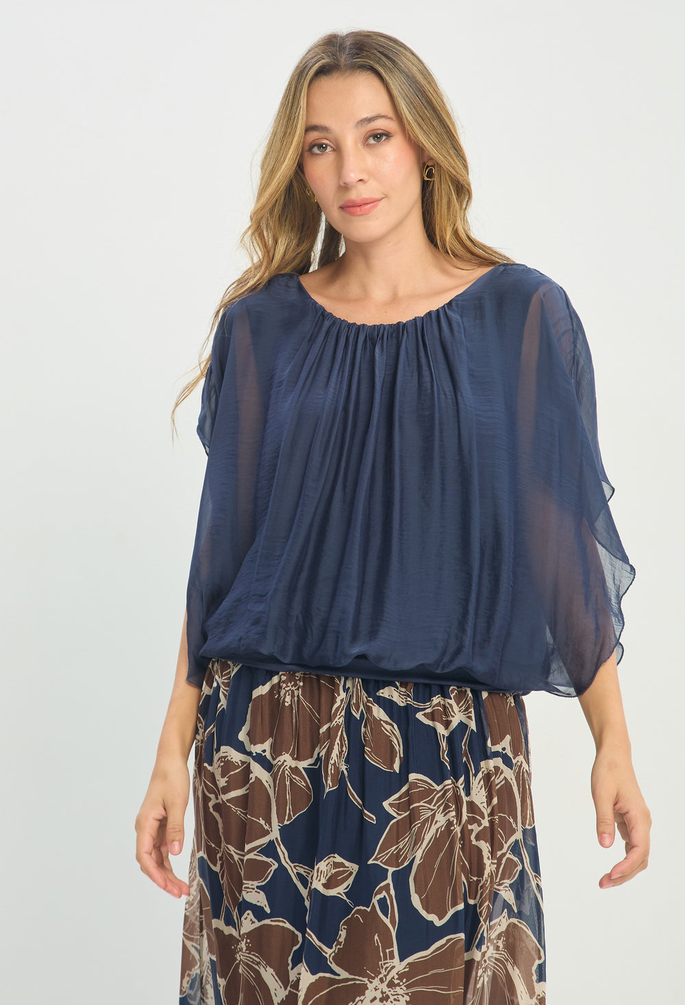 Blusa Seda Fruncida Azul Noche BYBLA
