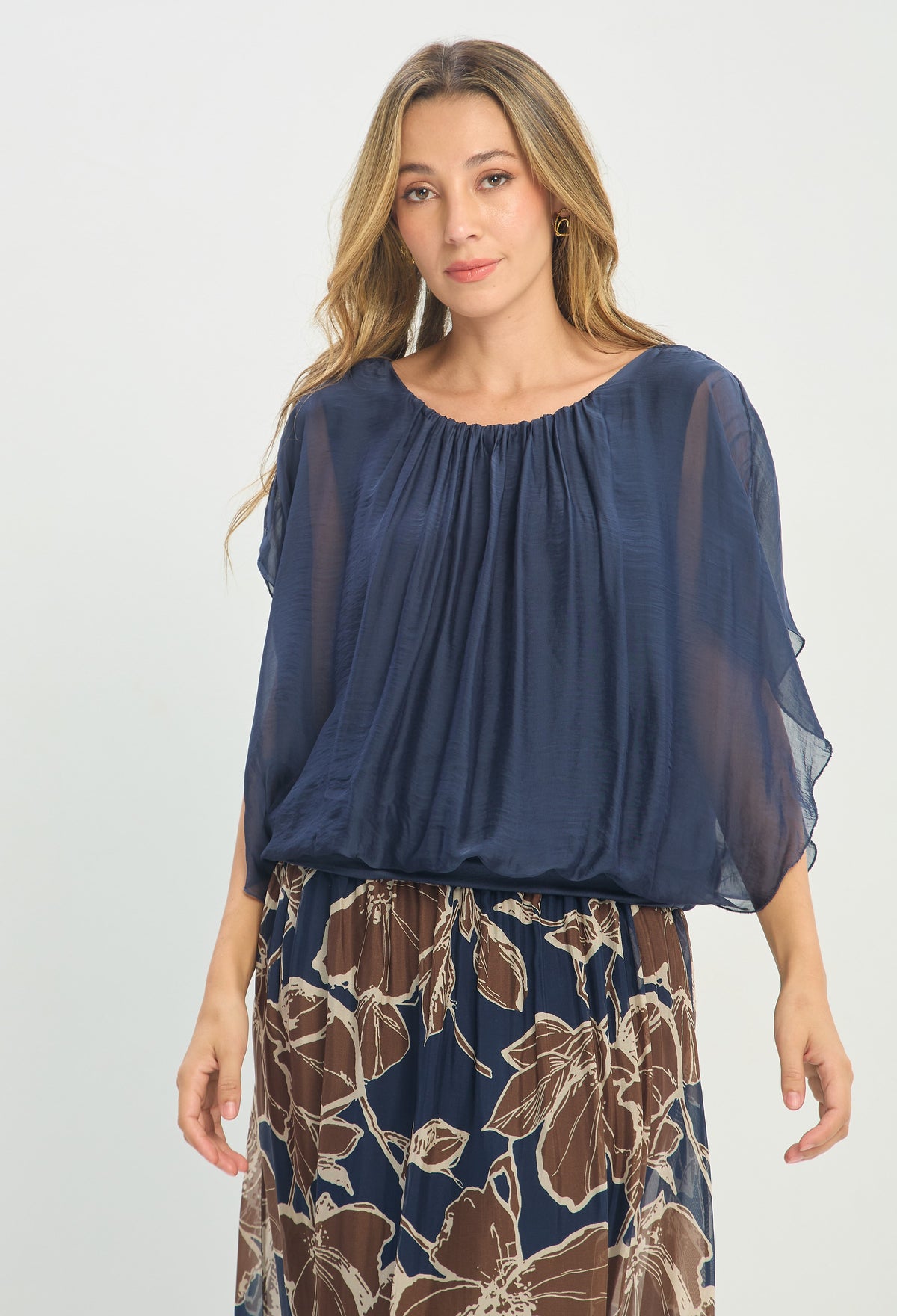 Blusa Seda Fruncida Azul Noche BYBLA
