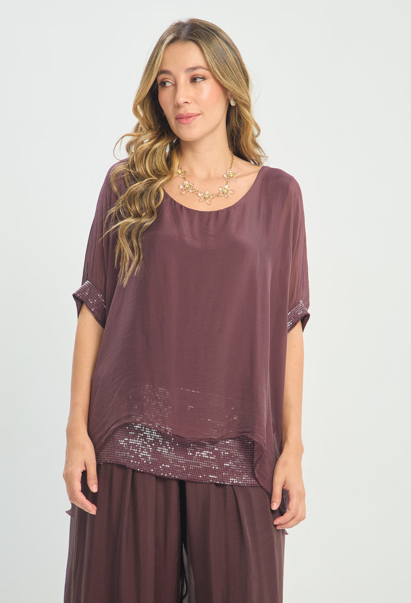 Blusa Seda Manga Corta Lentejuelas Uva BYBLA - vista 2