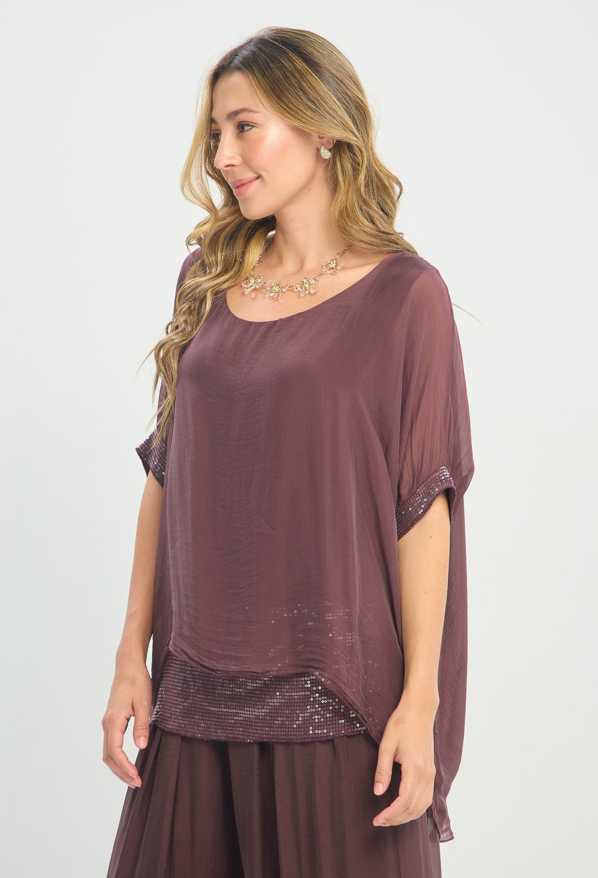 Blusa Seda Manga Corta Lentejuelas Uva BYBLA - vista 5