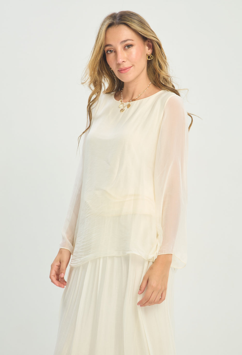 Blusa Seda Manga Larga Transparente Marfil BYBLA