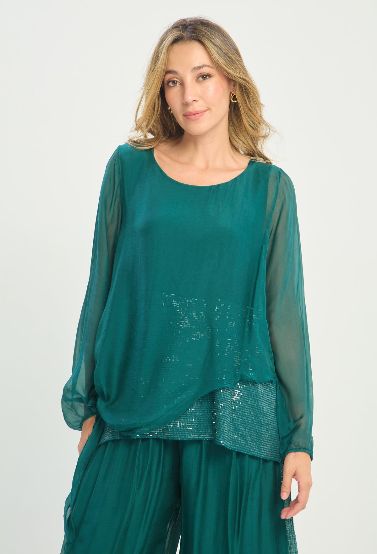 Blusa Seda Manga Larga Lentejuelas Verde Esmeralda BYBLA