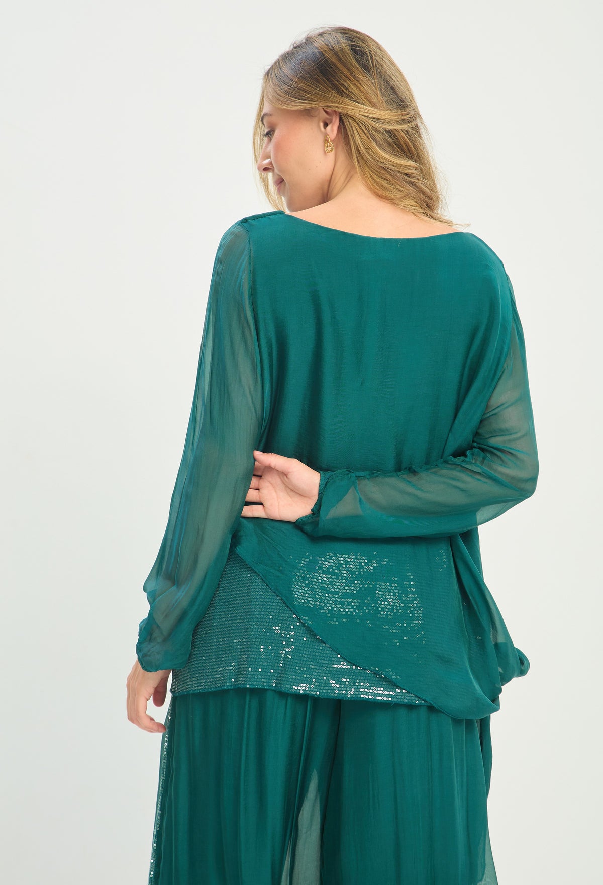 Blusa Seda Manga Larga Lentejuelas Verde Esmeralda BYBLA - vista 5