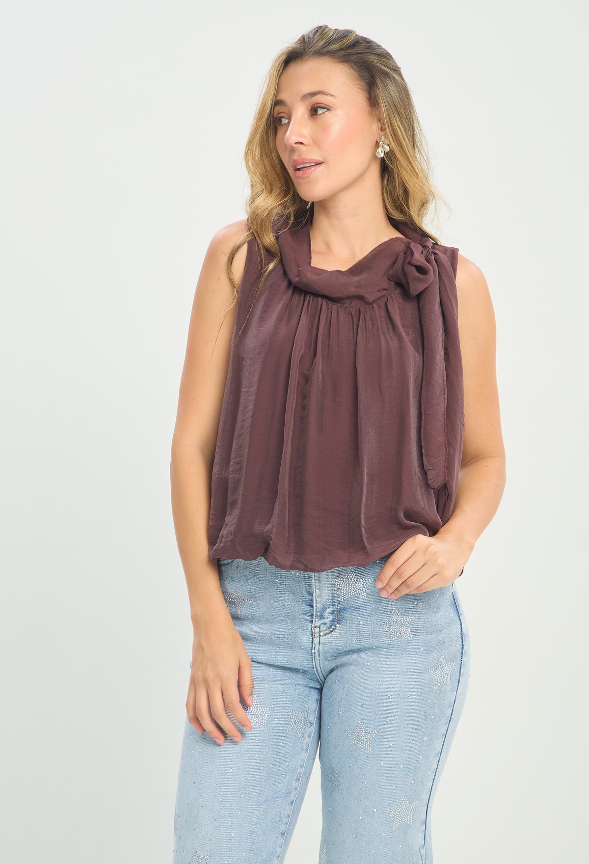 Blusa Seda Manga Sisa Lazo al Hombro uva BYBLA