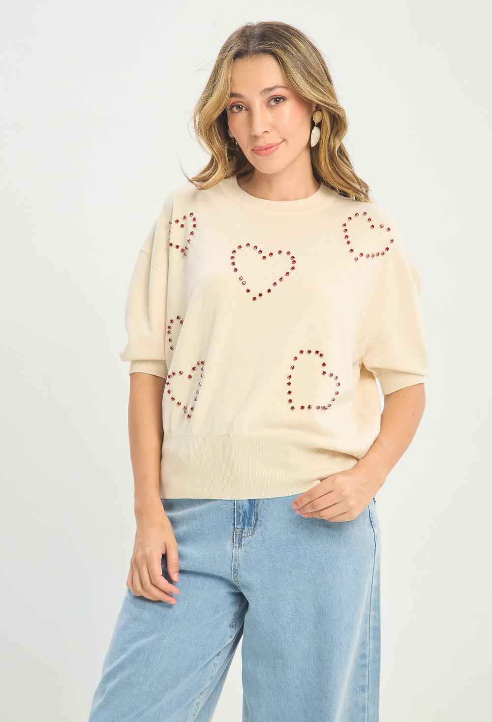 Blusa Tejida Corazones de Cristales Beige BYBLA