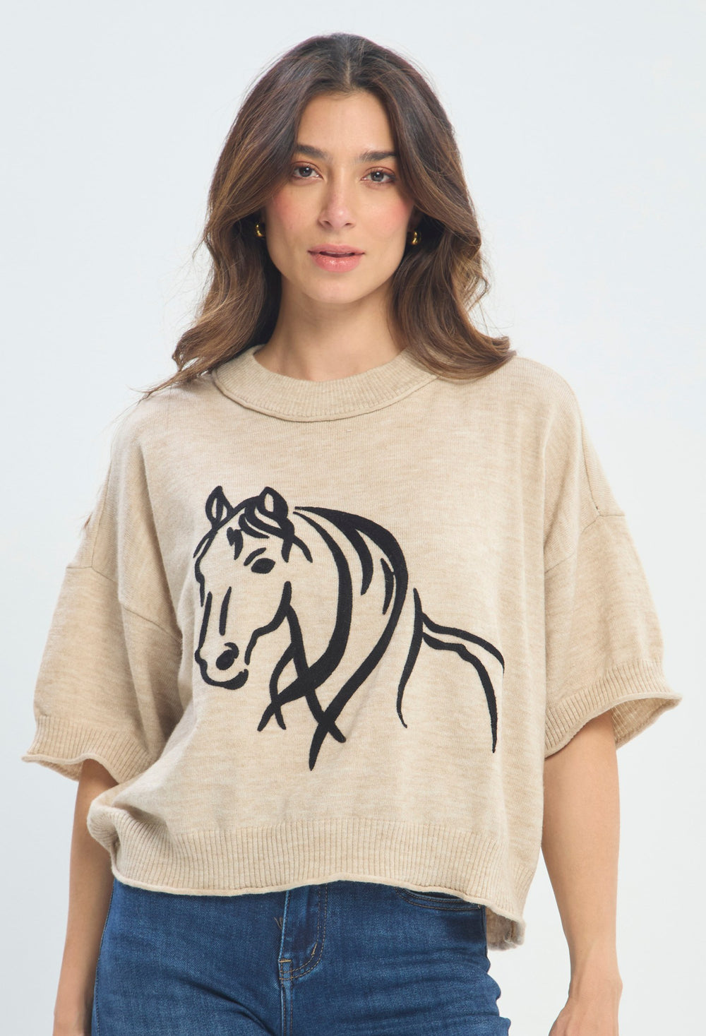 Blusa Tejida Estampado De Caballo beige jaspeado sale BYBLA
