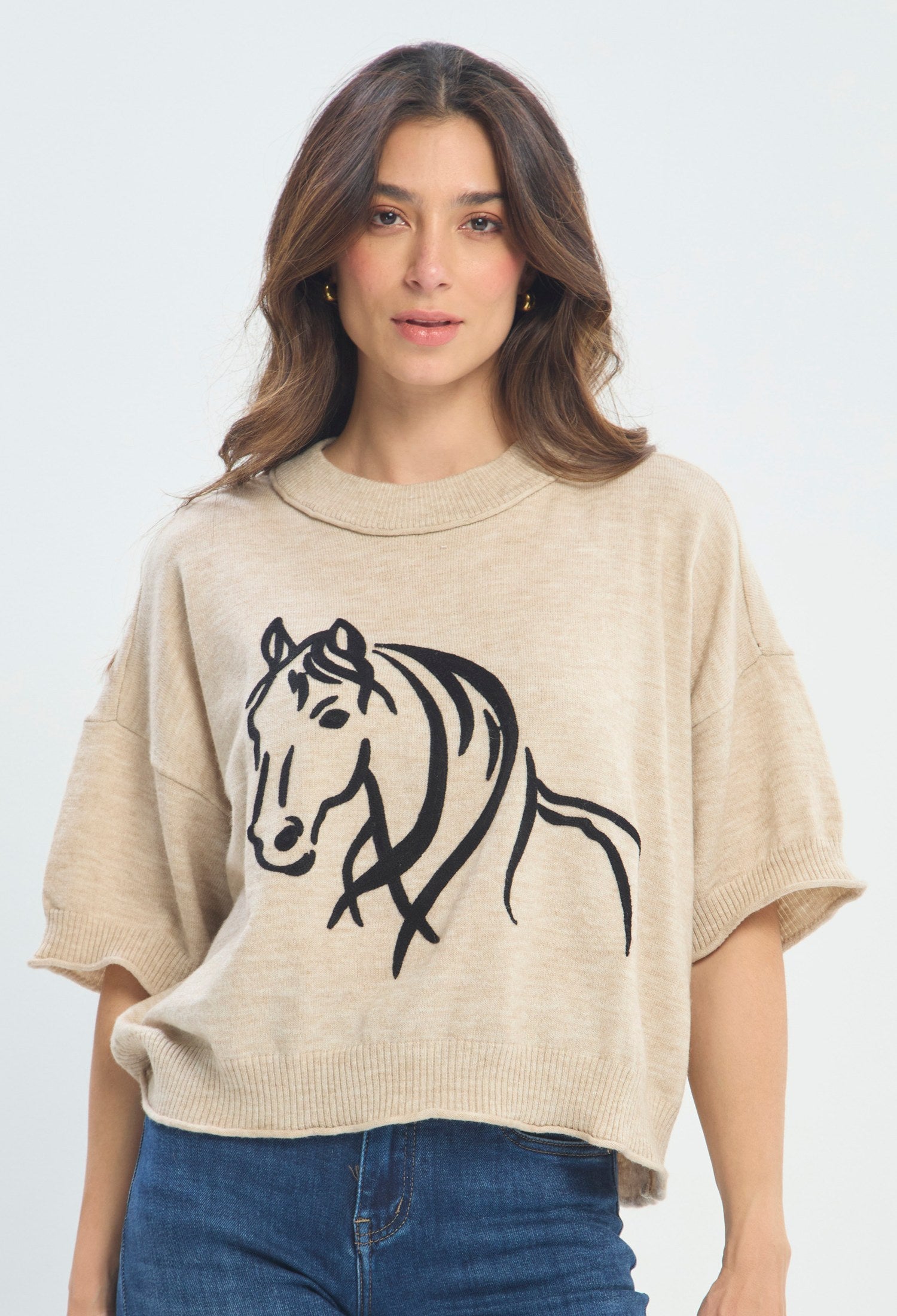 Blusa Tejida Estampado De Caballo beige jaspeado sale BYBLA