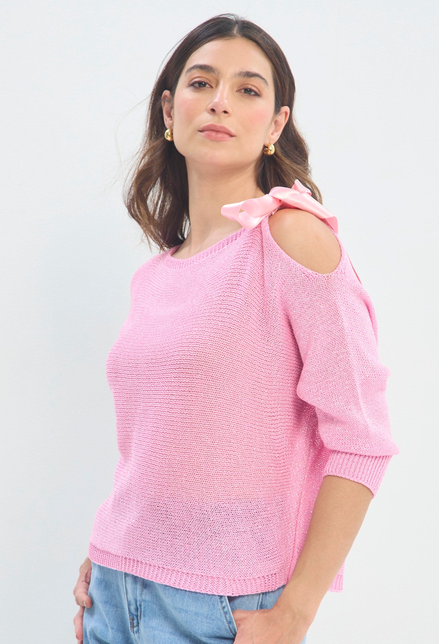 Blusa Tejida Hombro Descubierto rosa chicle BYBLA - vista 2