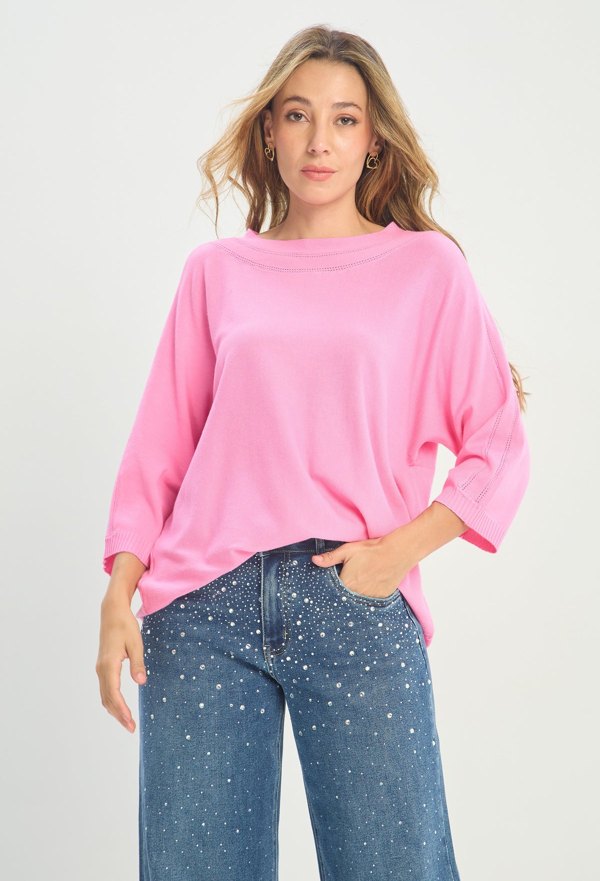 Blusa Tejida Manga 3/4 Rosa Chicle BYBLA