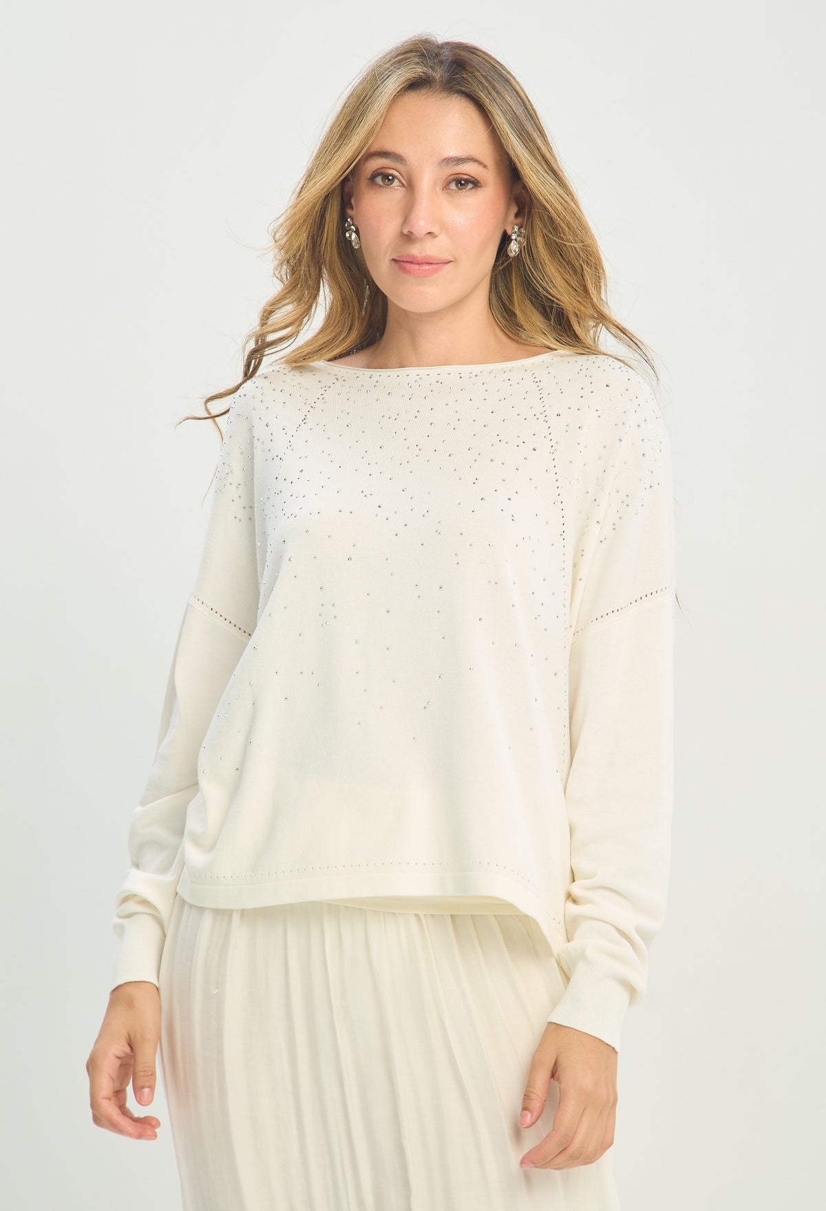 Blusa Tejida Manga Larga Cristales Marfil BYBLA