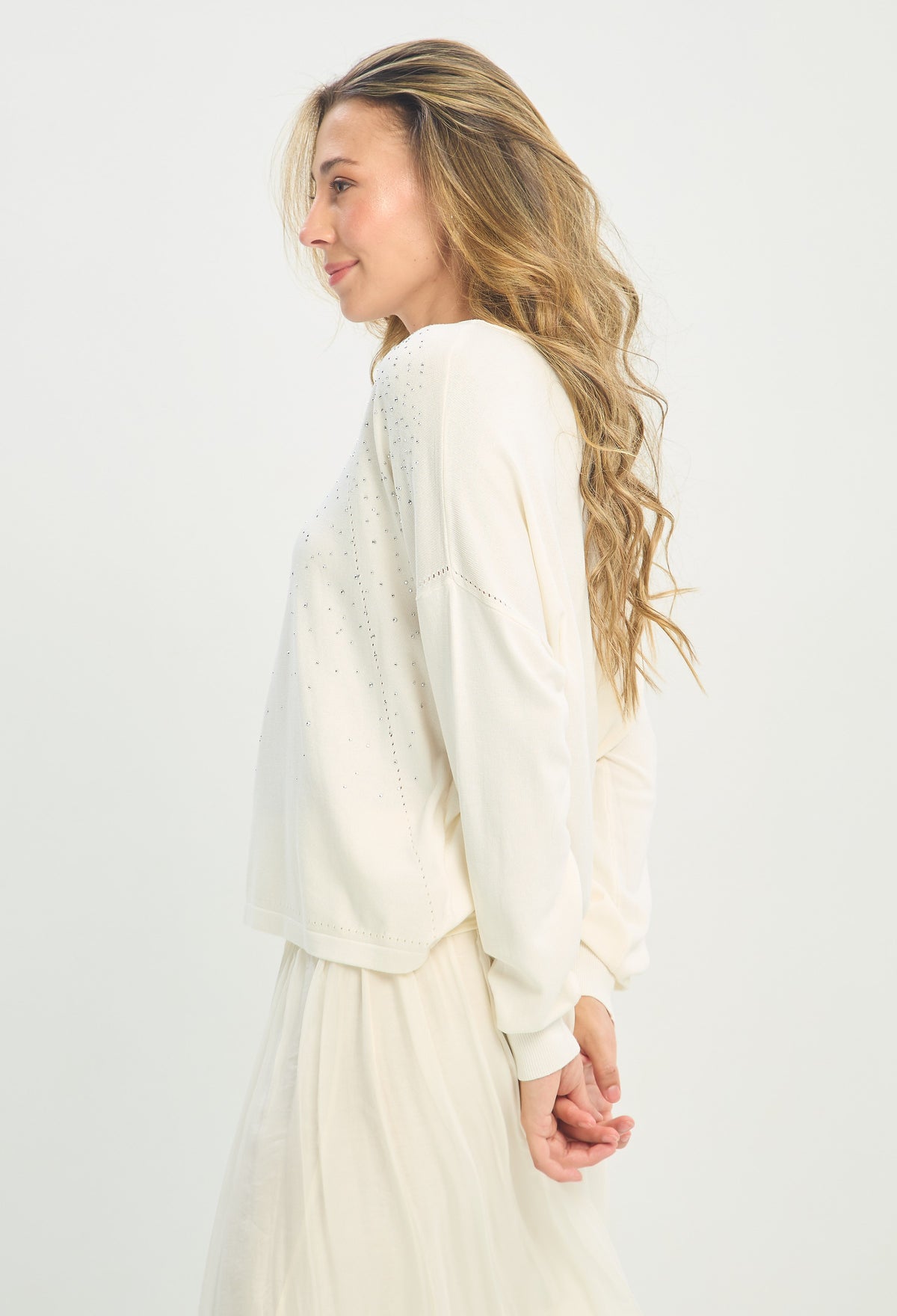 Blusa Tejida Manga Larga Cristales Marfil BYBLA - vista 2
