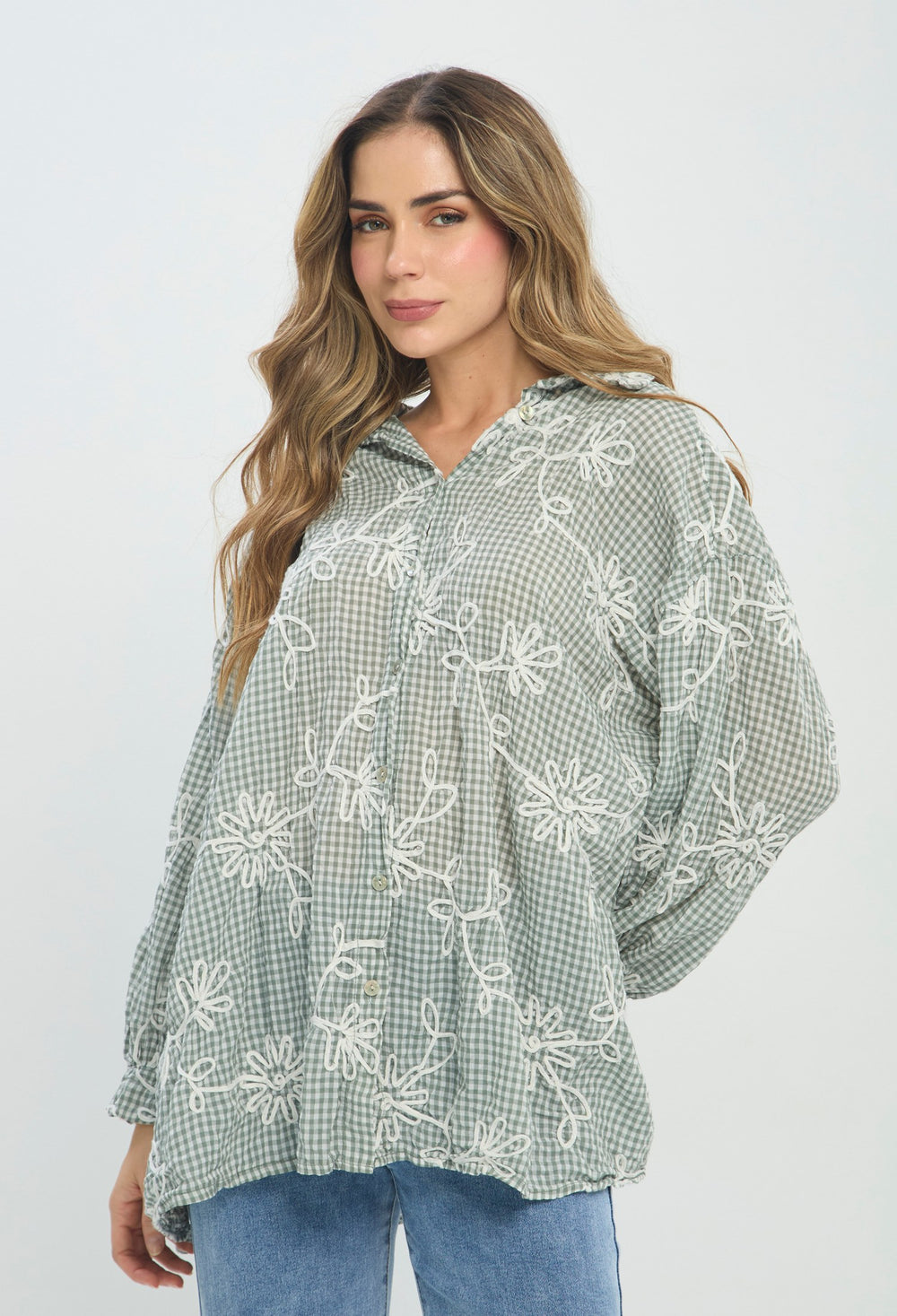 Blusa Bordado Cuadros Verde verde BYBLA Colombia