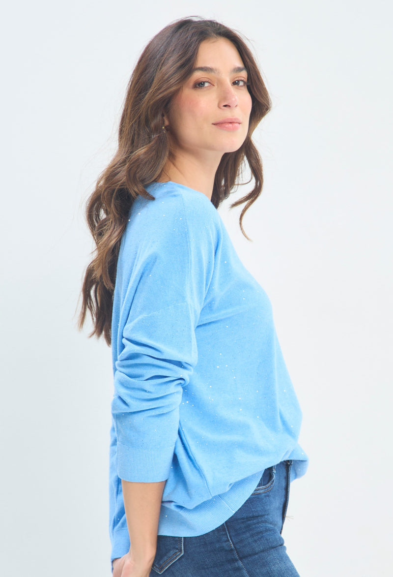 Buzo Tejido Brillos Cuello V celeste brillante sale BYBLA - vista 2