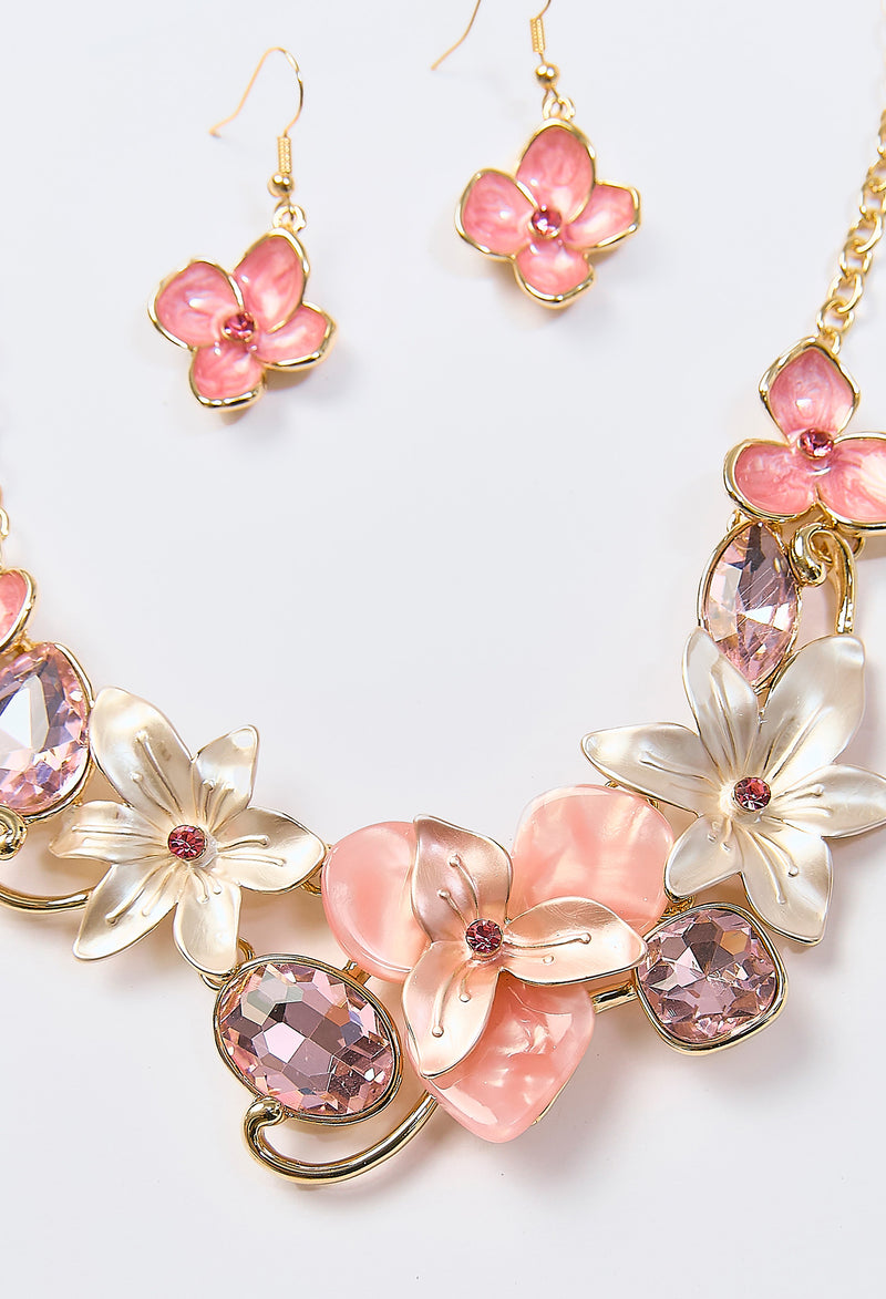 Set Collar & Aretes Flor Cristal Rosa