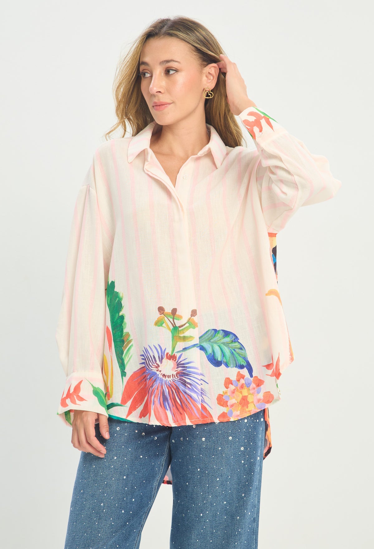 Camisa Rayas Estampado Leopardo y Flores BYBLA