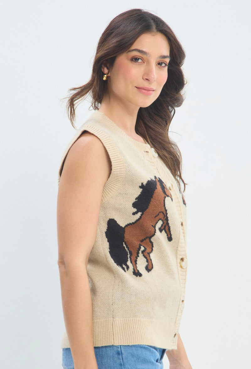 Chaleco Jacquard Caballos beige arena BYBLA - vista 2