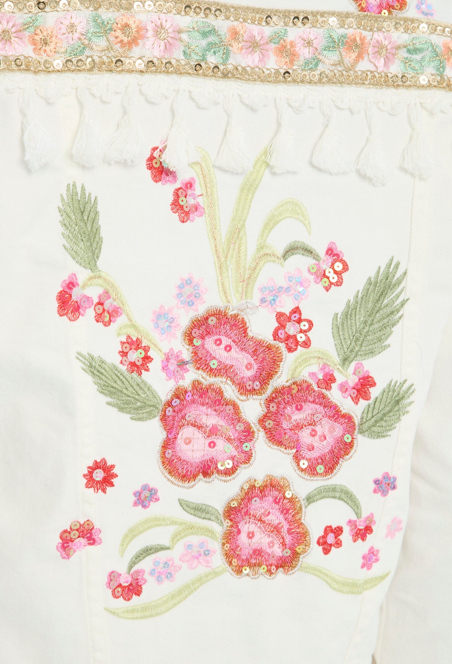Chaqueta corta beige con bordado floral rosa y verde, manga larga y botones - vista 6