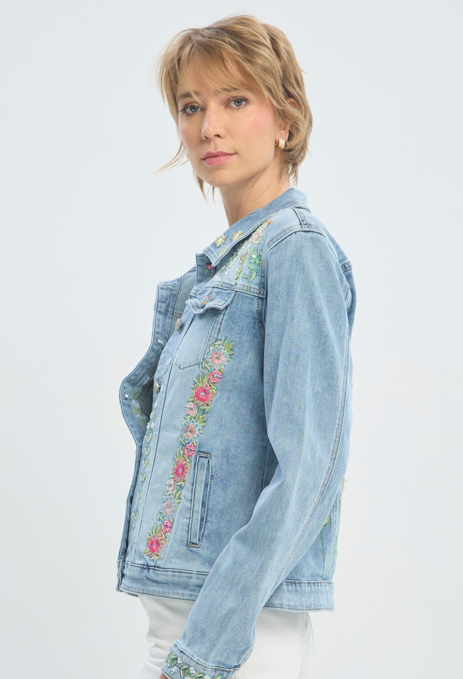 Chaqueta denim azul con flores bordadas multicolor BYBLA - vista 2