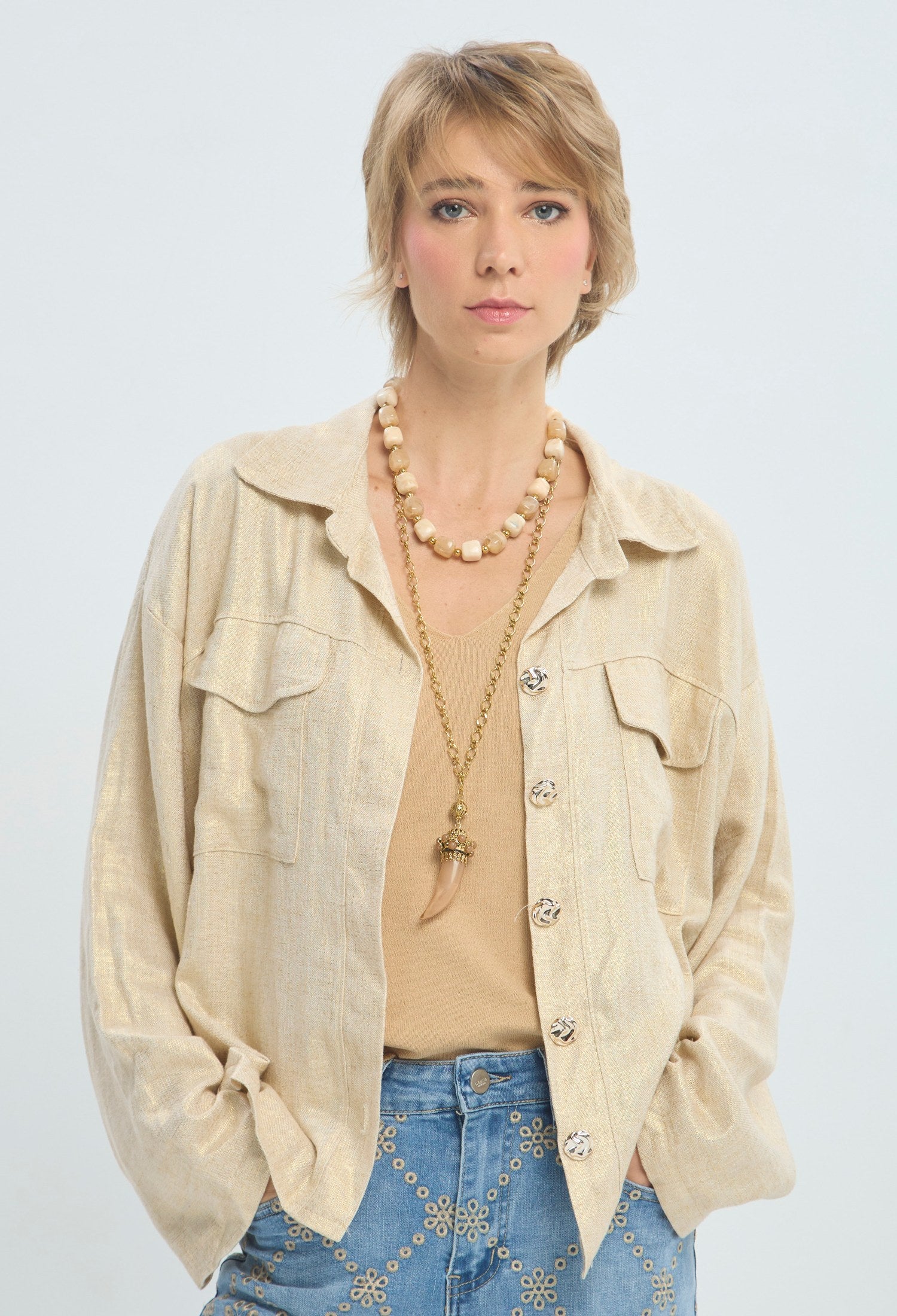 Chaqueta de lino dorado con brillo sutil BYBLA - vista 2
