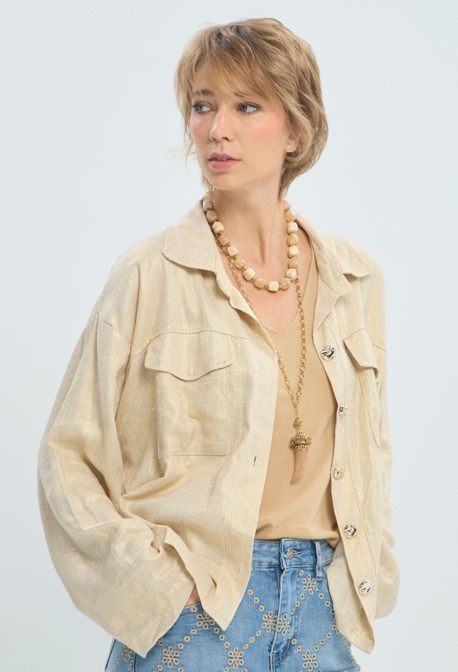 Chaqueta de lino dorado con brillo sutil BYBLA - vista 3