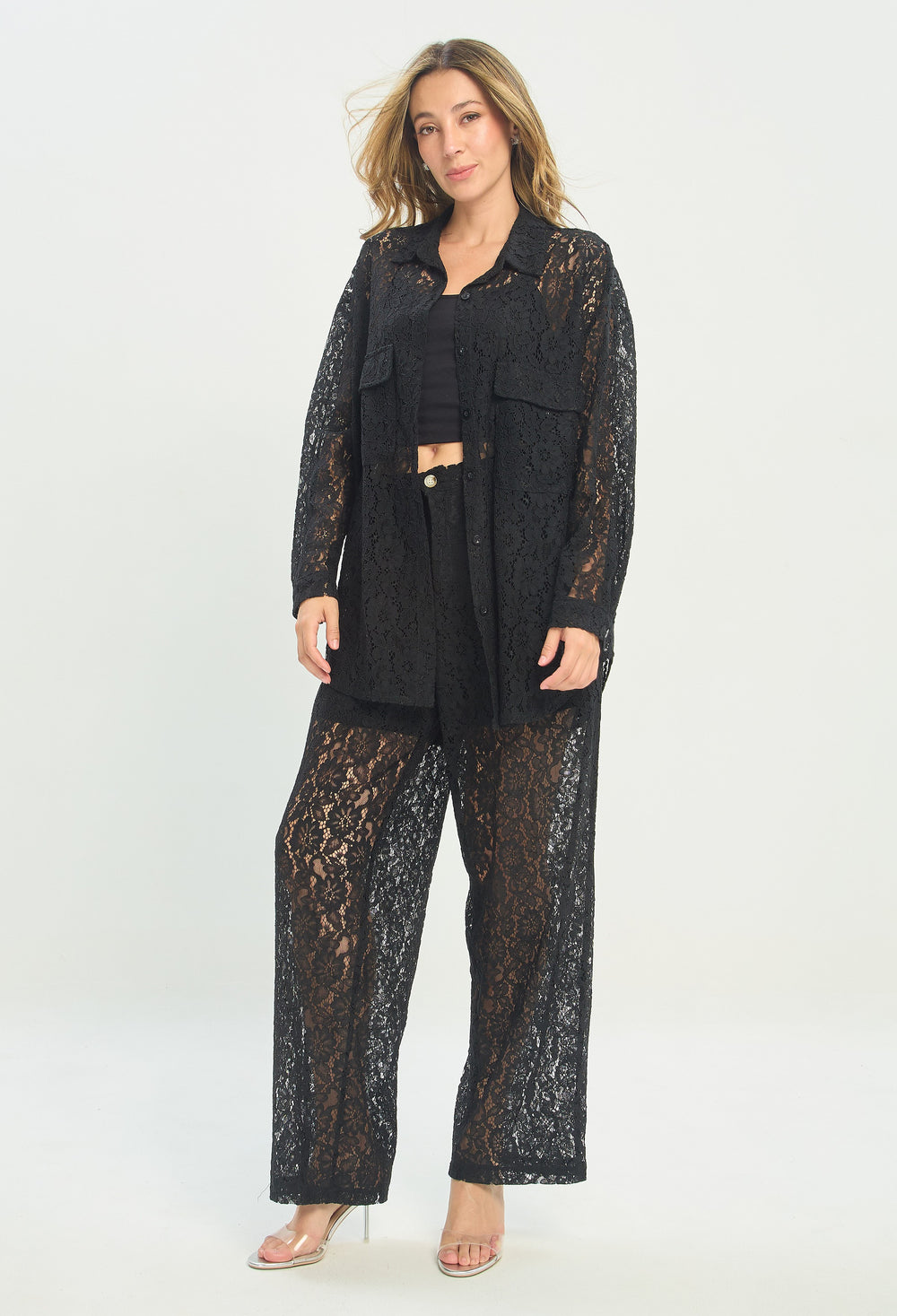Conjunto Camisa y Pantalón de Encaje Negro BYBLA