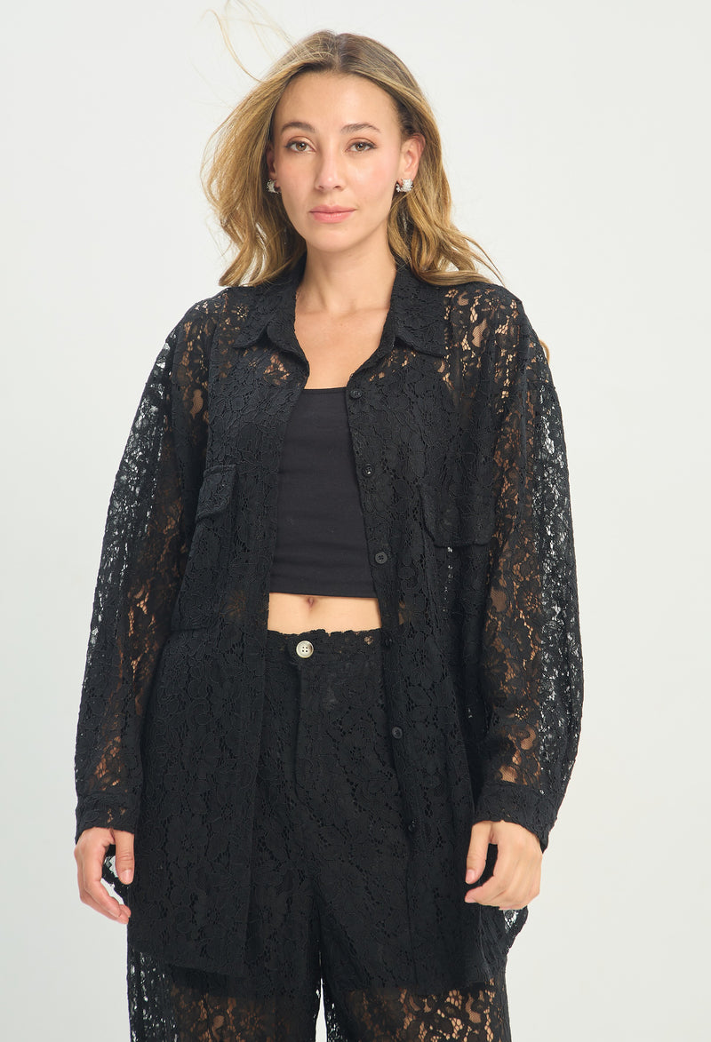 Conjunto Camisa y Pantalón de Encaje Negro BYBLA - vista 2