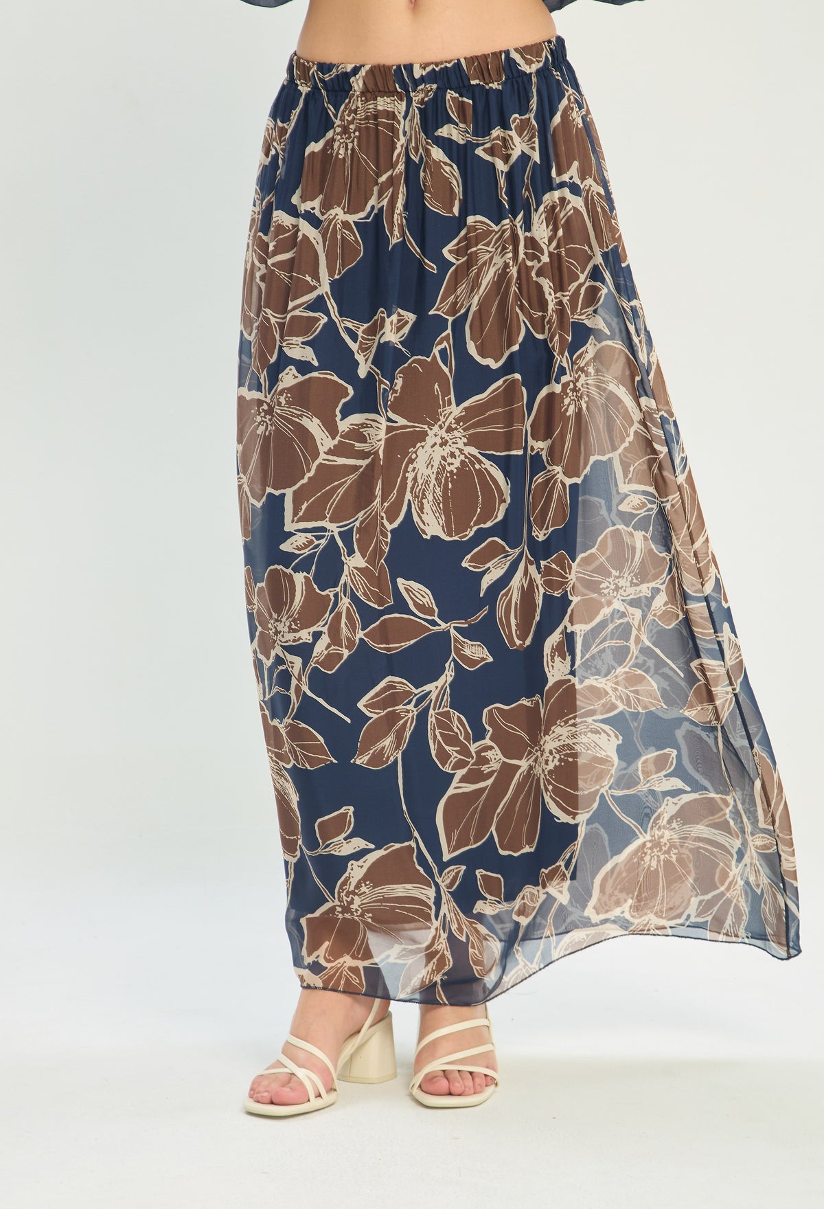 Falda Larga Estampado Flores Azul y Café BYBLA - vista 2