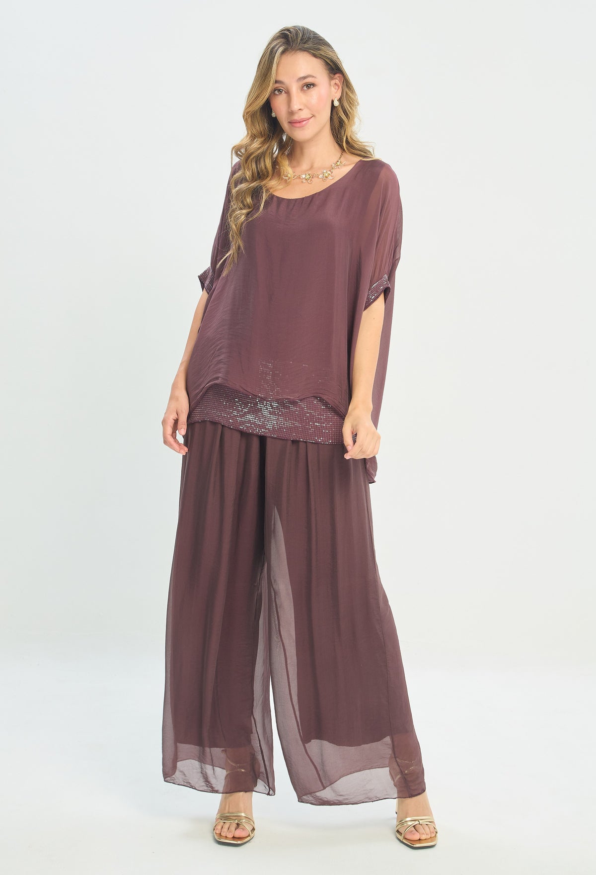 Pantalón Ancho de Seda Cintura Elástica uva BYBLA