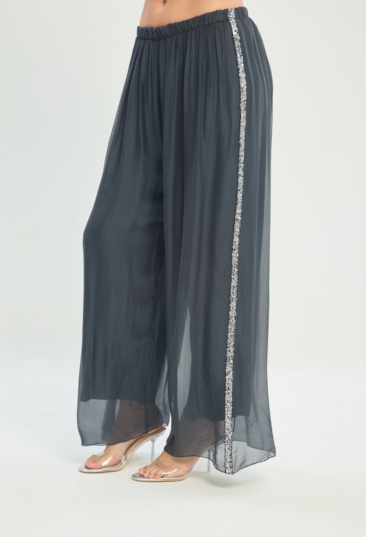 Pantalón Ancho de Seda Cintura Elástica gris grafito BYBLA