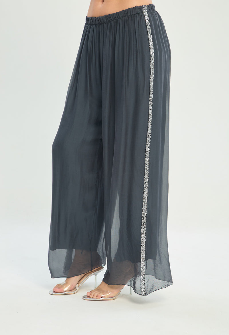 Pantalón Ancho de Seda Cintura Elástica gris grafito BYBLA