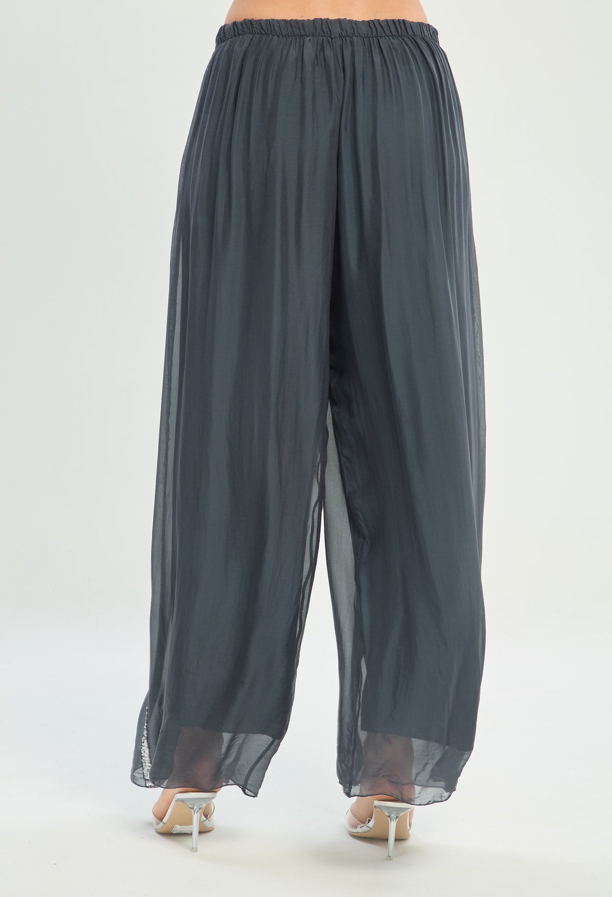 Pantalón Ancho de Seda Cintura Elástica gris grafito BYBLA