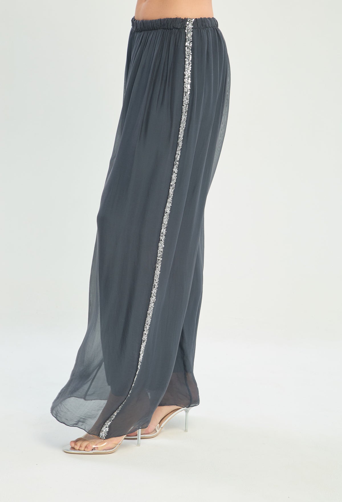 Pantalón Ancho de Seda Cintura Elástica gris grafito BYBLA