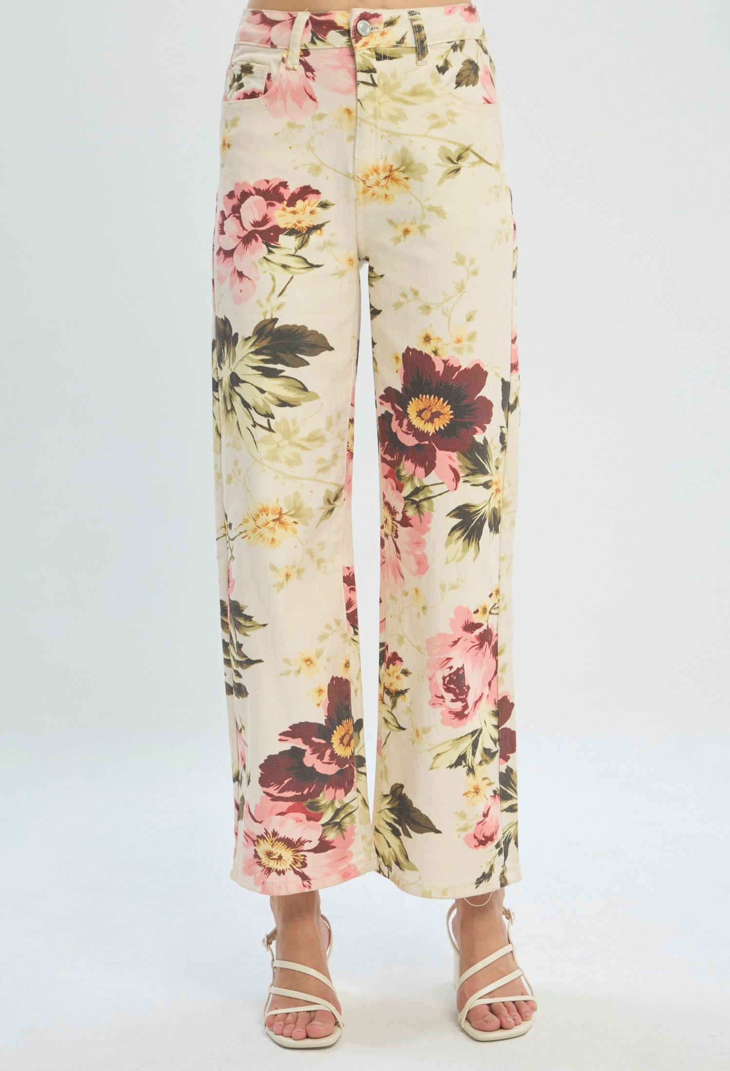 Pantalón con estampado floral rosa y verde sobre fondo marfil - vista 2