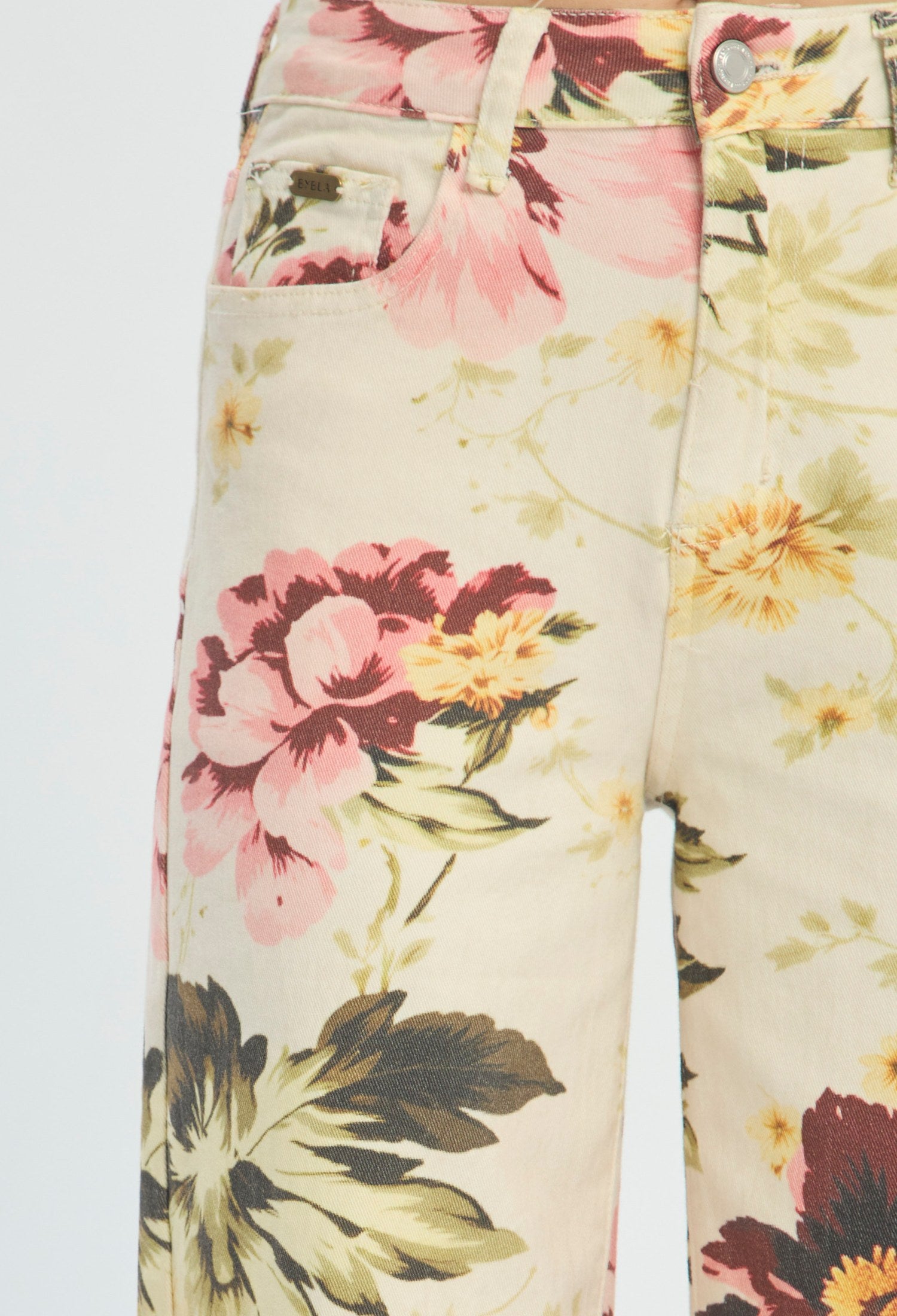 Pantalón con estampado floral rosa y verde sobre fondo marfil - vista 3