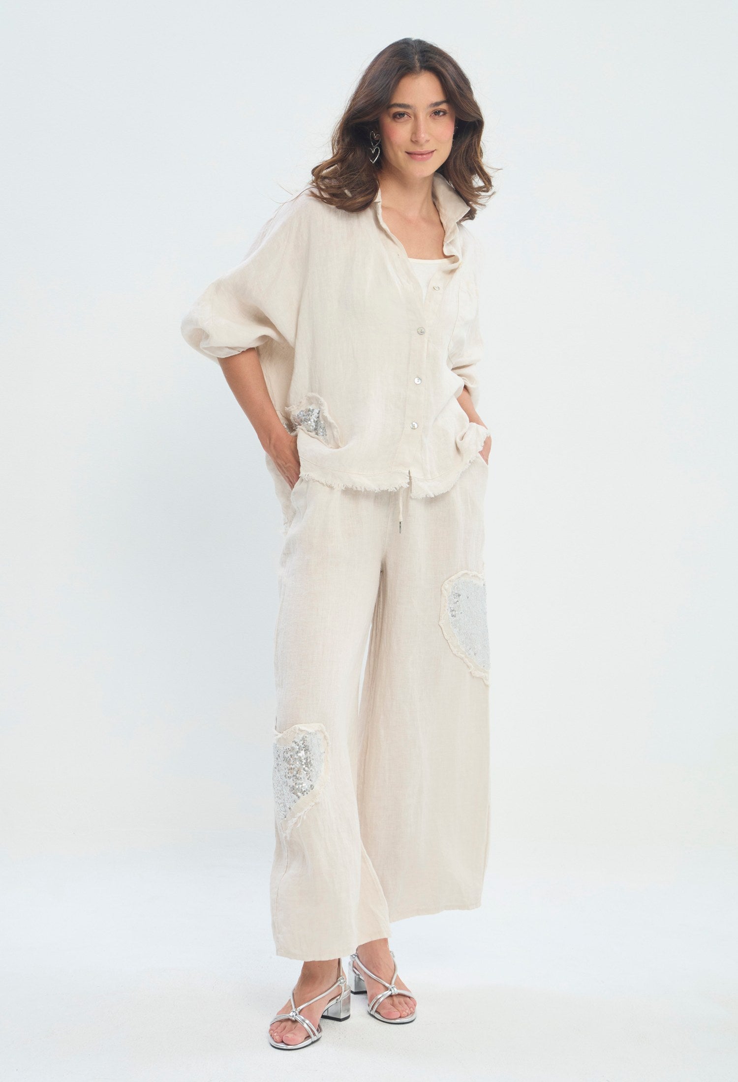 Pantalón Lino Ancho Corazón beige natural BYBLA