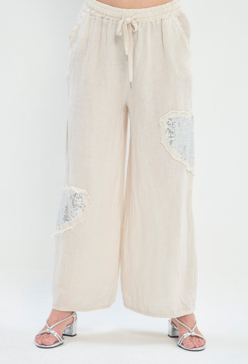 Pantalón Lino Ancho Corazón beige natural BYBLA - vista 2