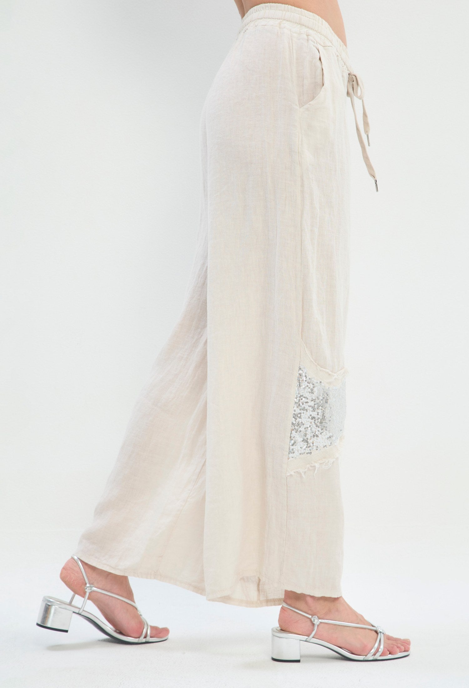 Pantalón Lino Ancho Corazón beige natural BYBLA - vista 3