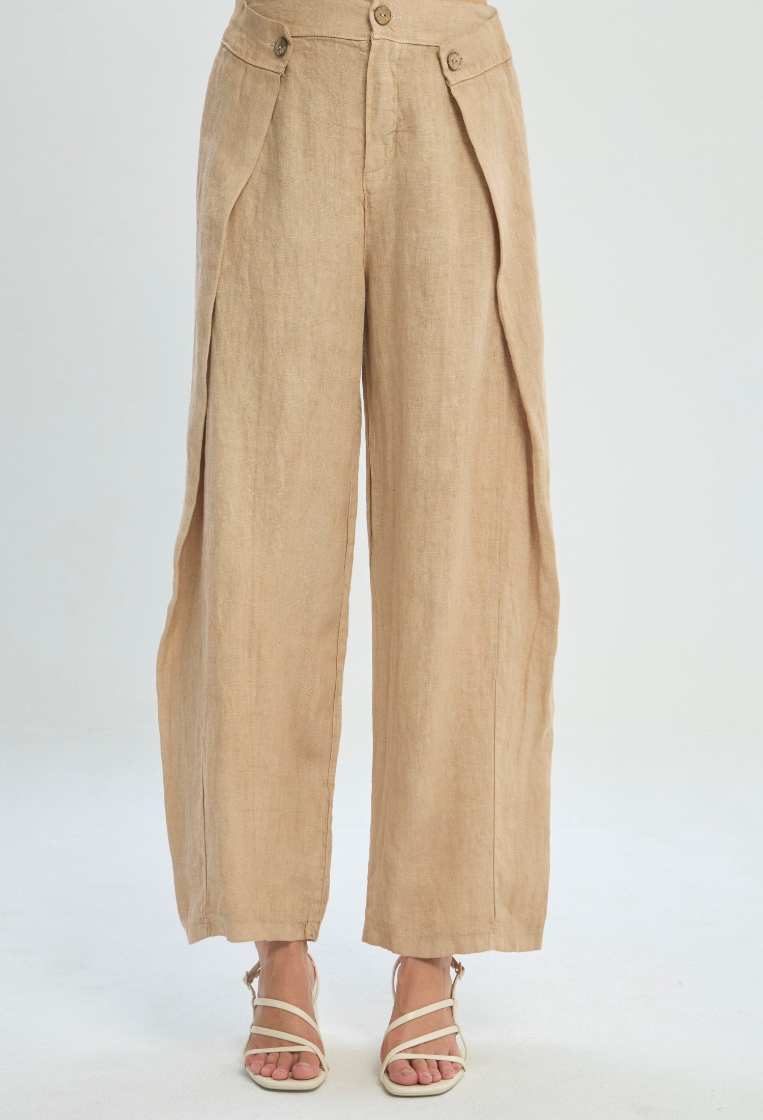Pantalón camel en lino con paneles cruzados y botones en la pretina - vista 2
