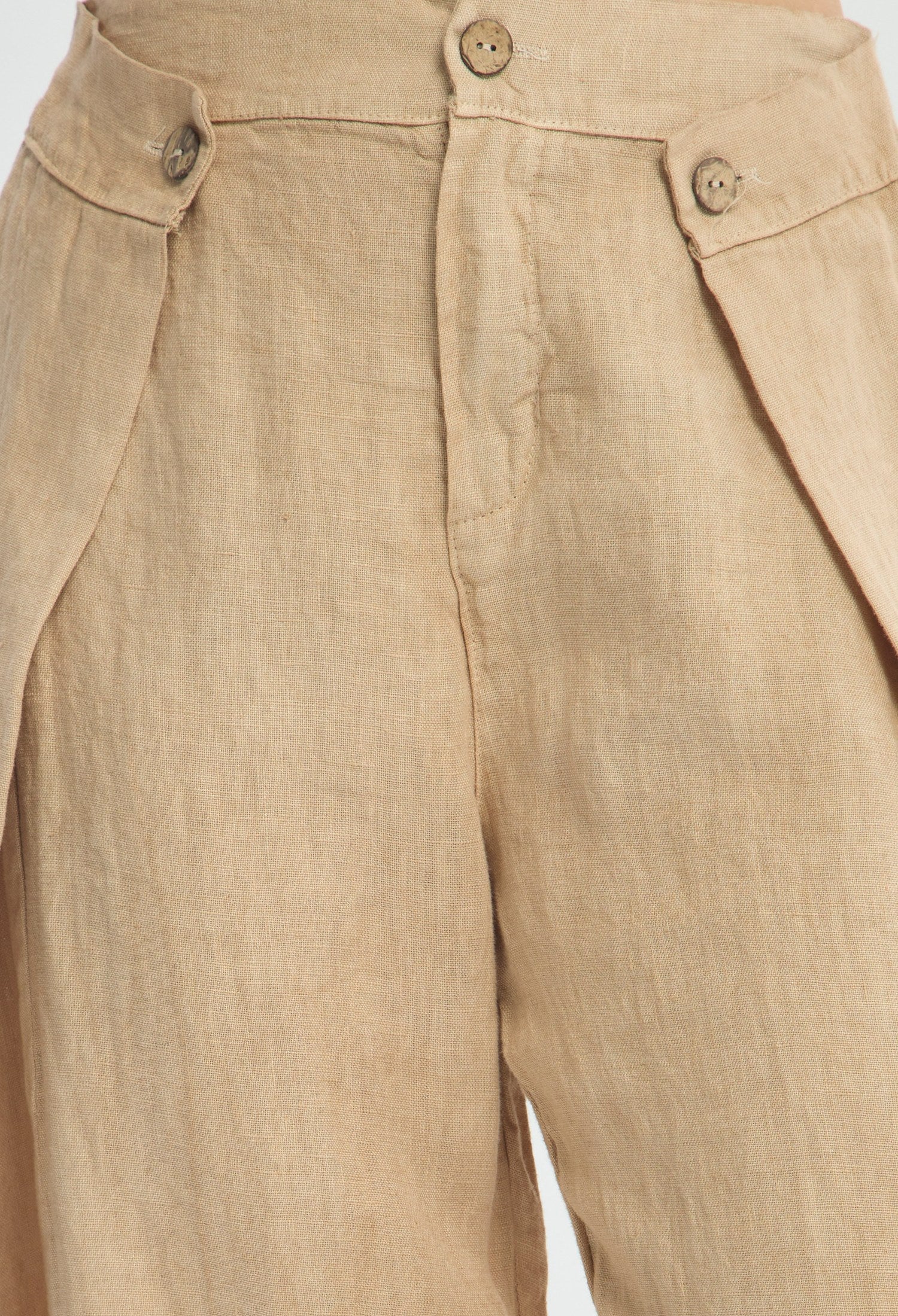 Pantalón camel en lino con paneles cruzados y botones en la pretina - vista 3