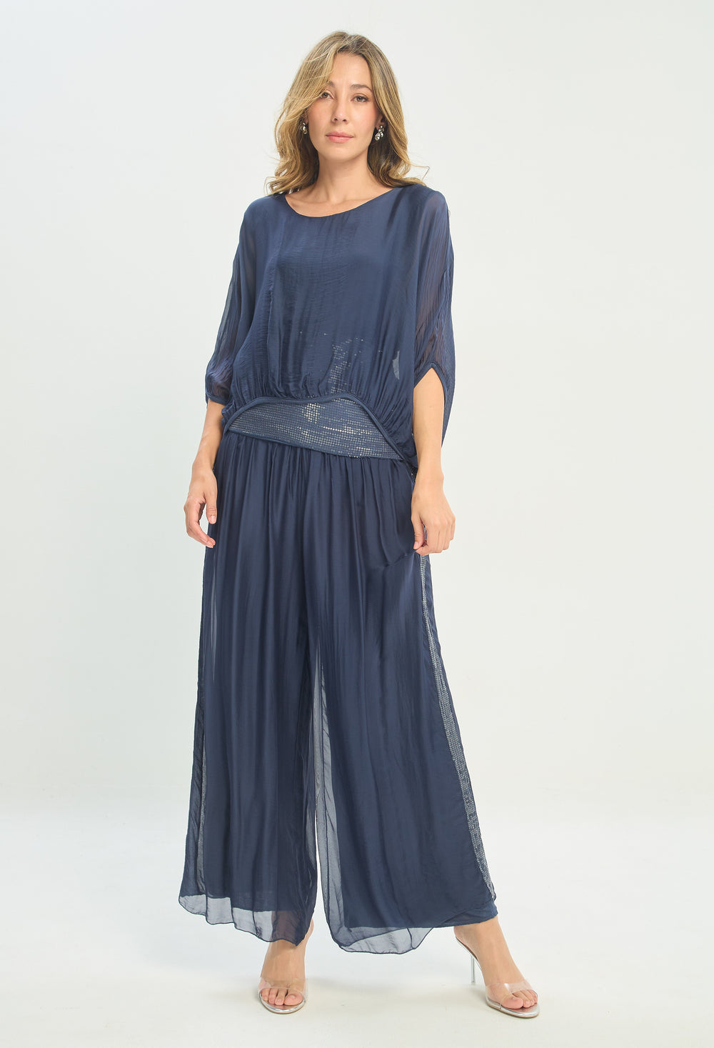 Pantalón Seda Franja de Lentejuelas azul noche BYBLA