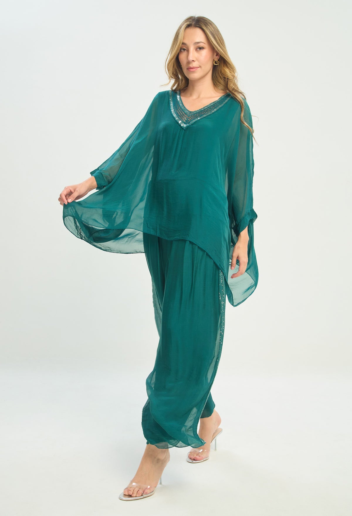 Pantalón Seda Franja de Lentejuelas verde esmeralda BYBLA