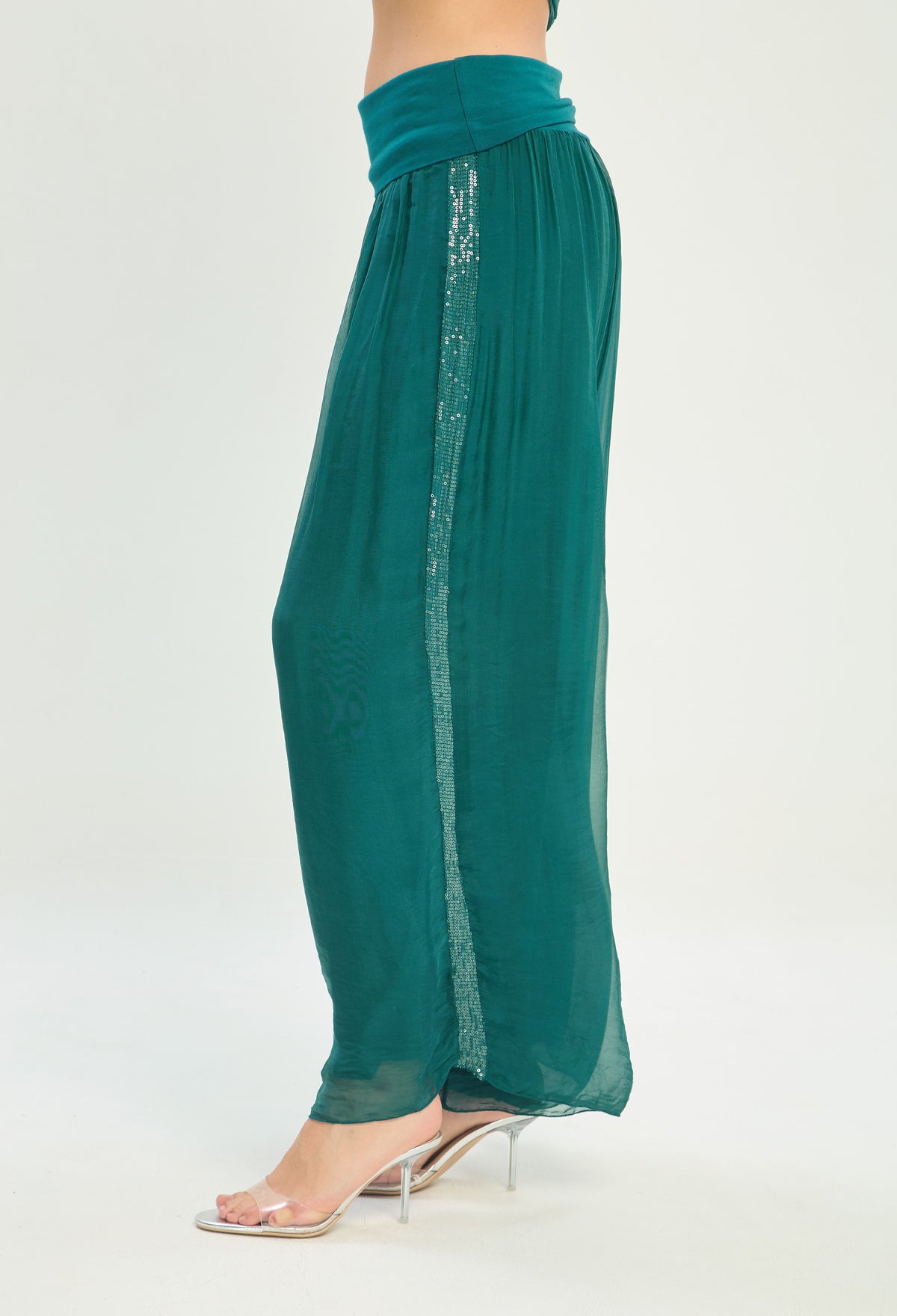 Pantalón Seda Franja de Lentejuelas verde esmeralda BYBLA